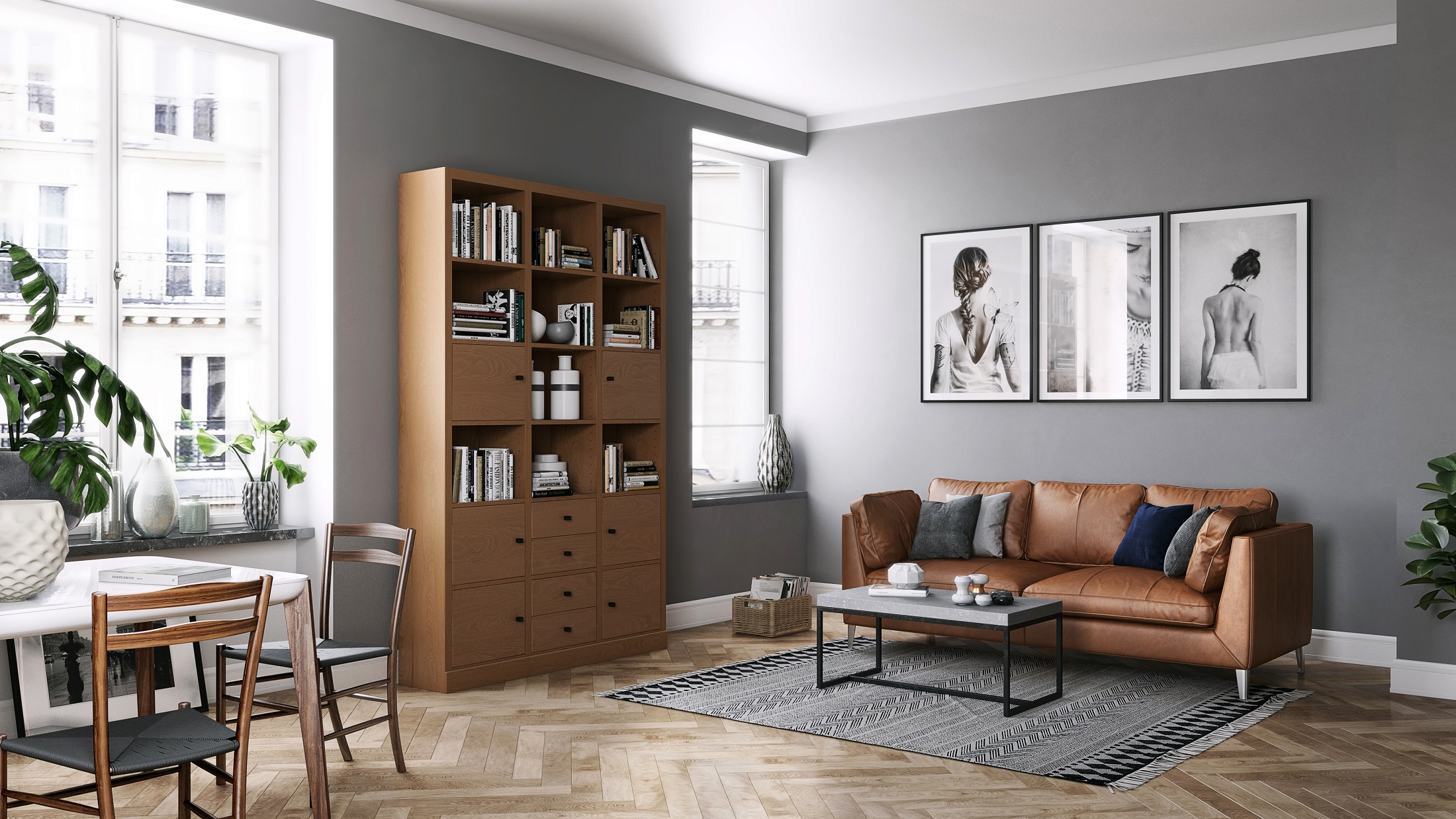 Flexmodern cherry wood bookshelf in a modern urban apartment