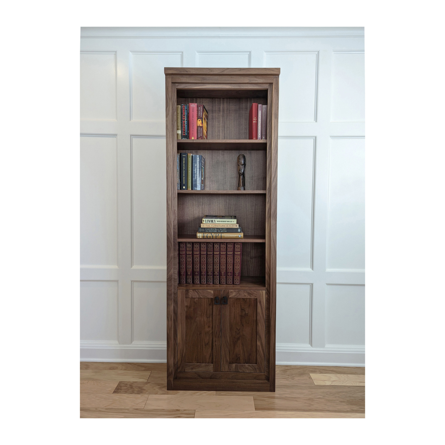 Walnut modern bookcase with doors constructed in solid woods--Made by 57NorthPlank Tailored Modern Furniture
