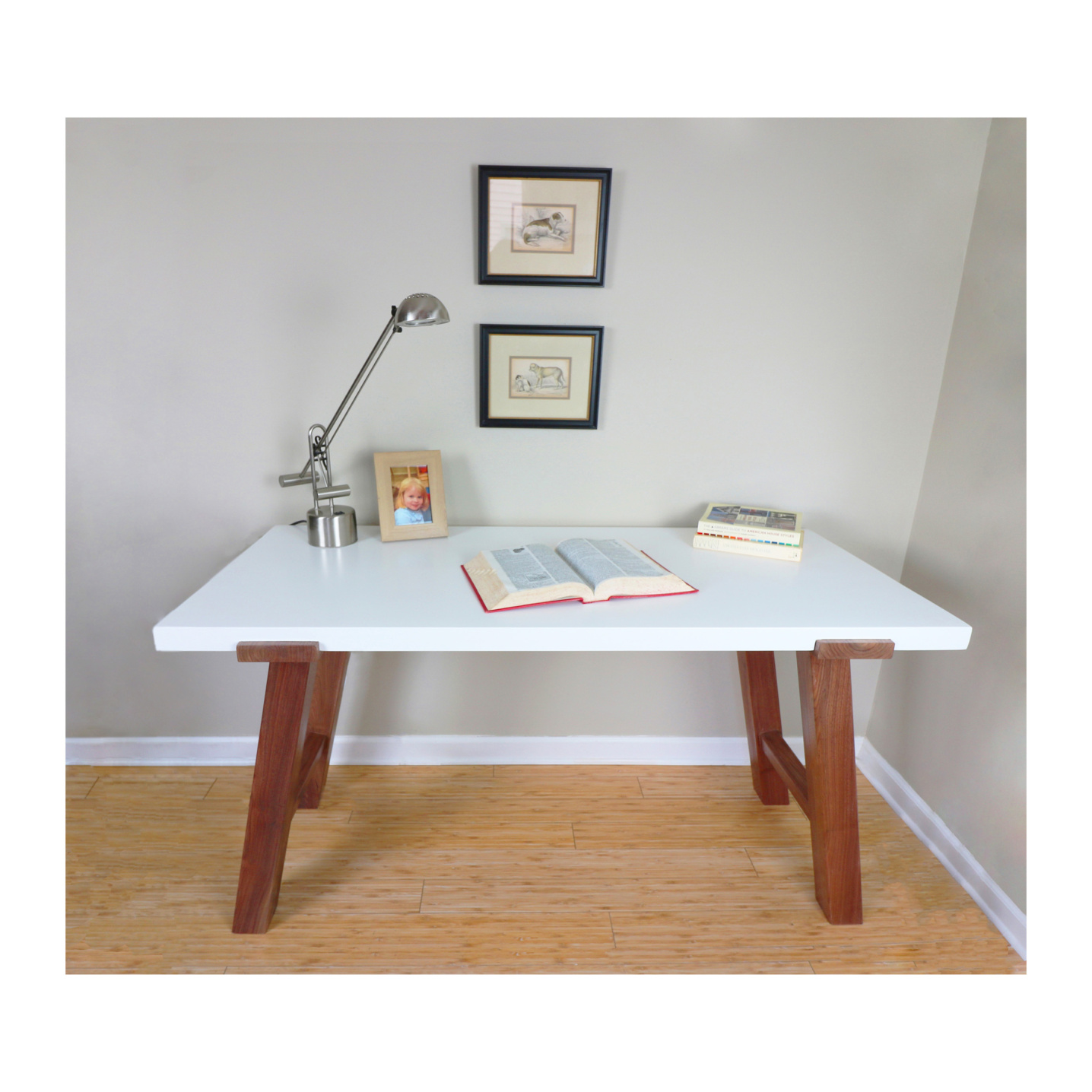 Modern Desk with Solid Walnut Legs with a White Top