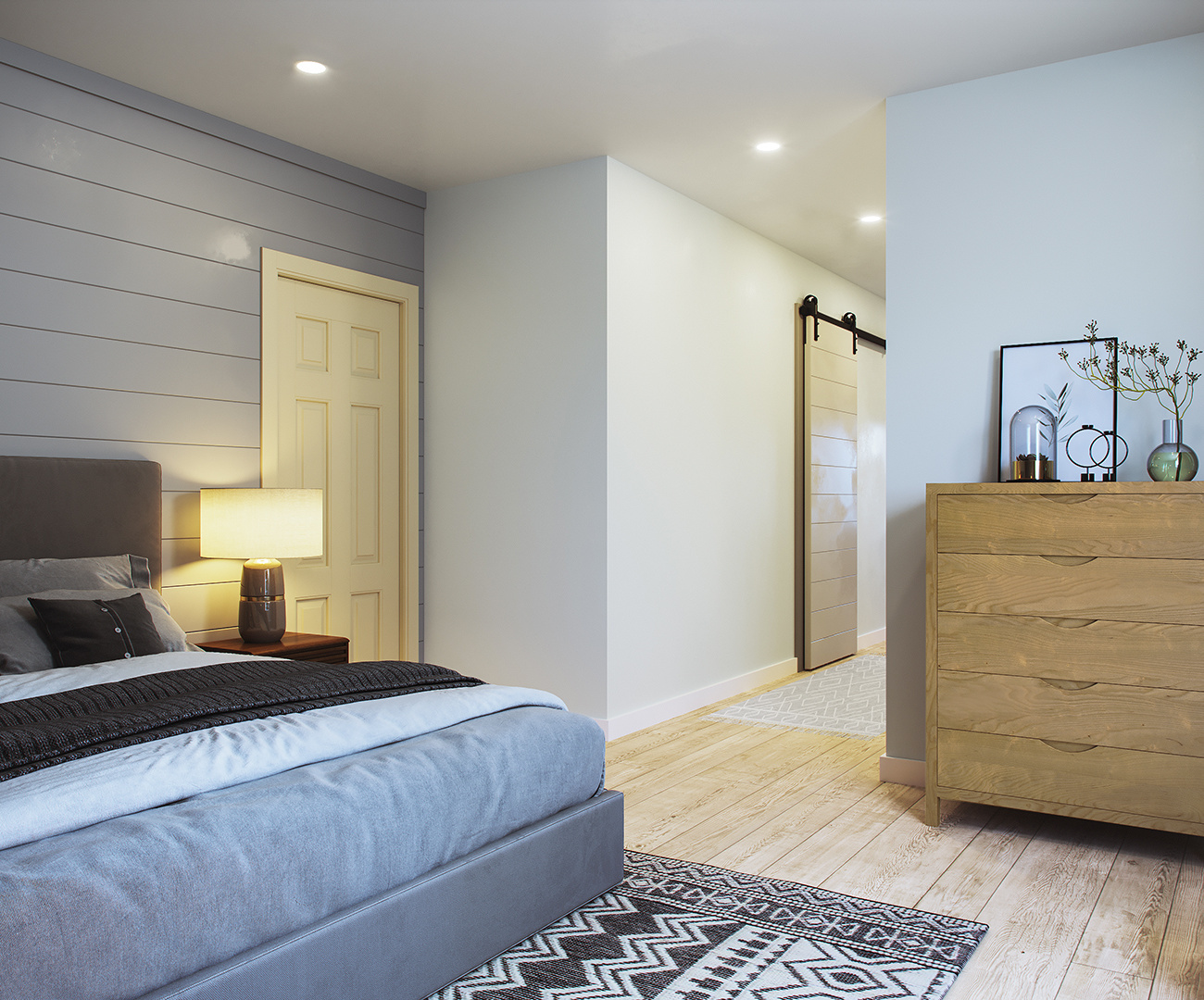 Modern with wood planks bedroom with an ash dresser
