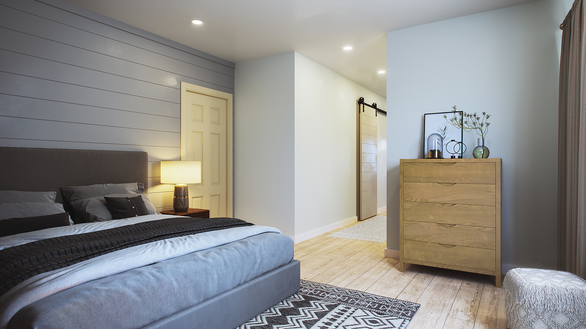 Modern with wood planks bedroom with an ash dresser