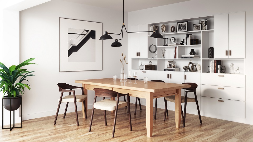 Solid wood contemporary Danish furniture table in a modern dining room