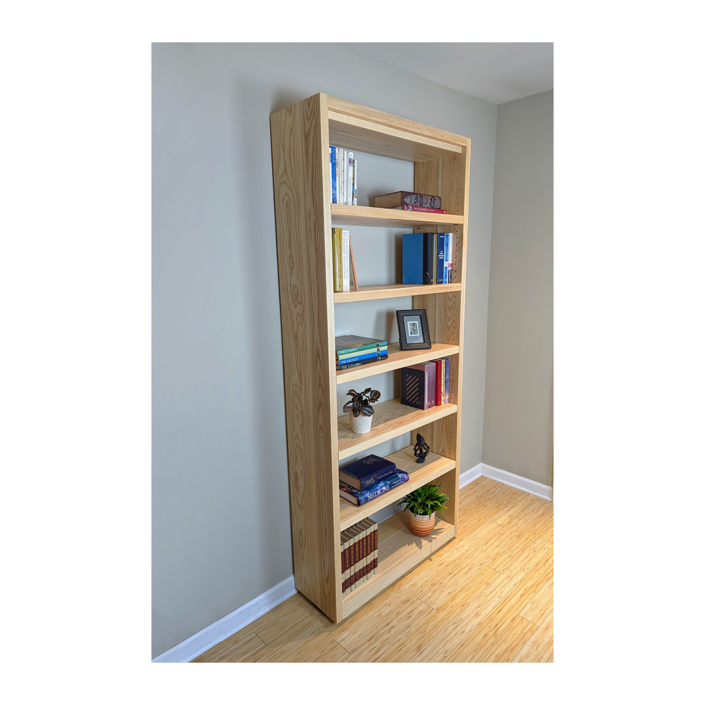Open back Nordic bookshelf with adjustable wood shelves--Made by 57NorthPlank Tailored Modern Furniture