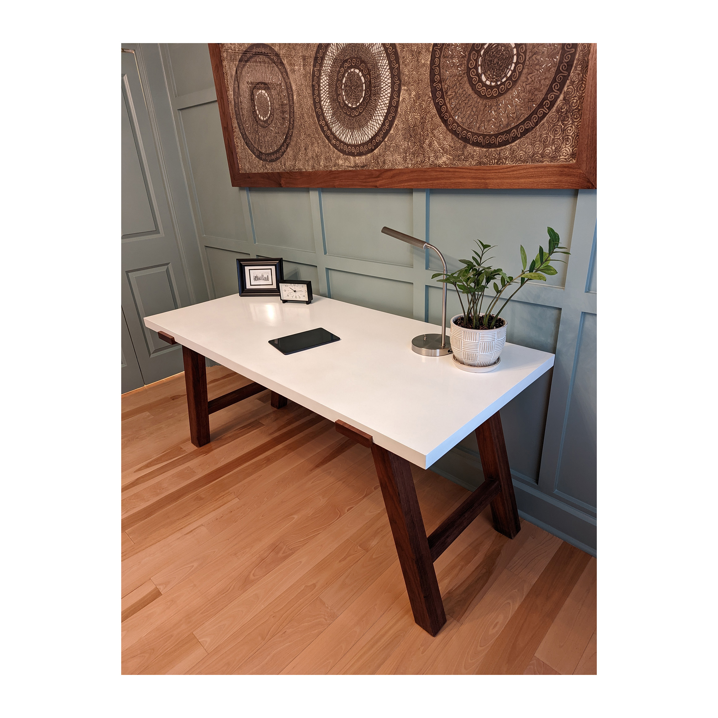 Large Walnut Modern Desk With A White Top And Solid Wood Construction--Made By 57NorthPlank Tailored Fine Furniture