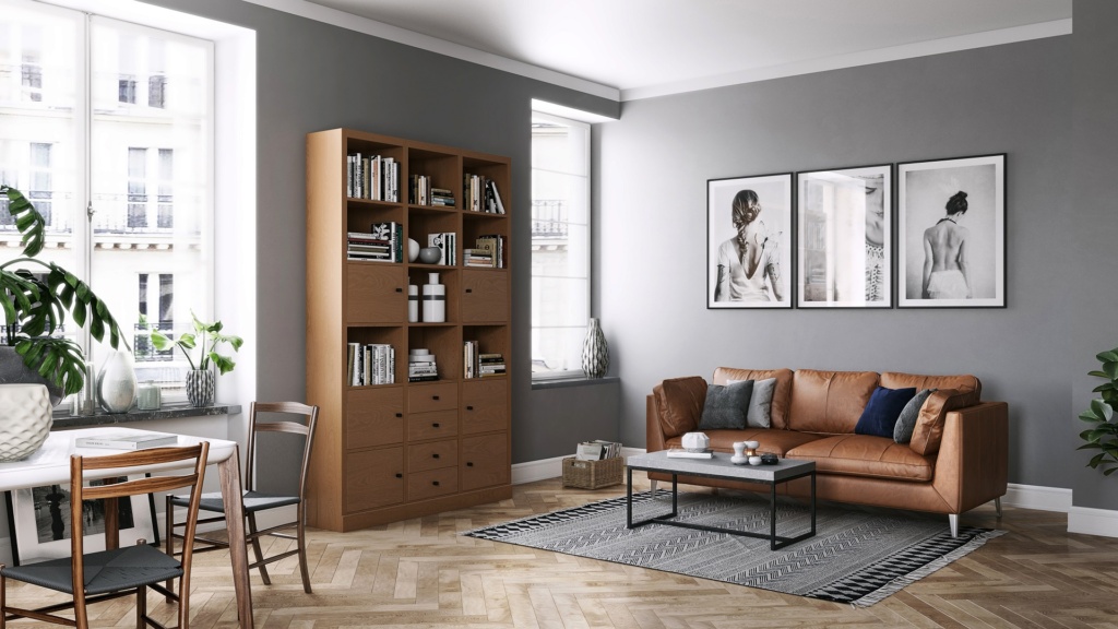 Cherry wooden bookshelf in modern city apartment with Swedish furniture