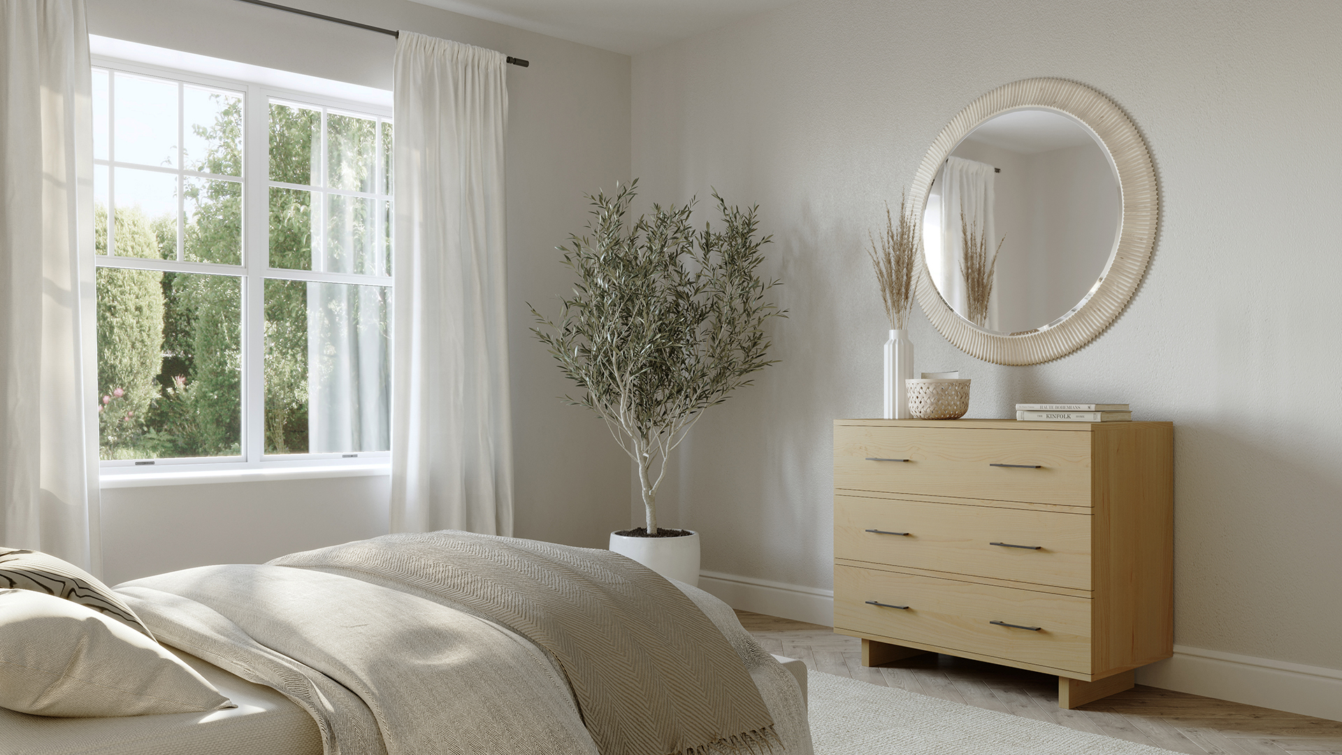 Contemporary bedroom with a modern maple solid wood Scandinavian dresser