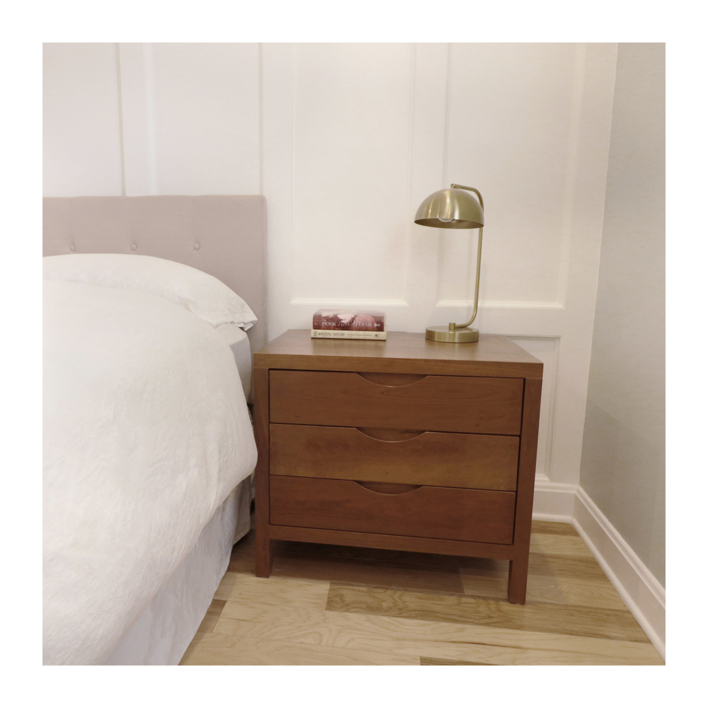 Cherry modern nightstand with three drawers--Made by 57NorthPlank Tailored Modern Furniture