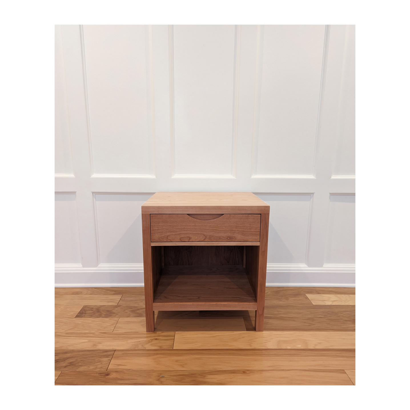 Single Drawer Nightstand--The wood is cherry and the nightstand has a modern design--Made by 57NorthPlank Tailored Modern Furniture