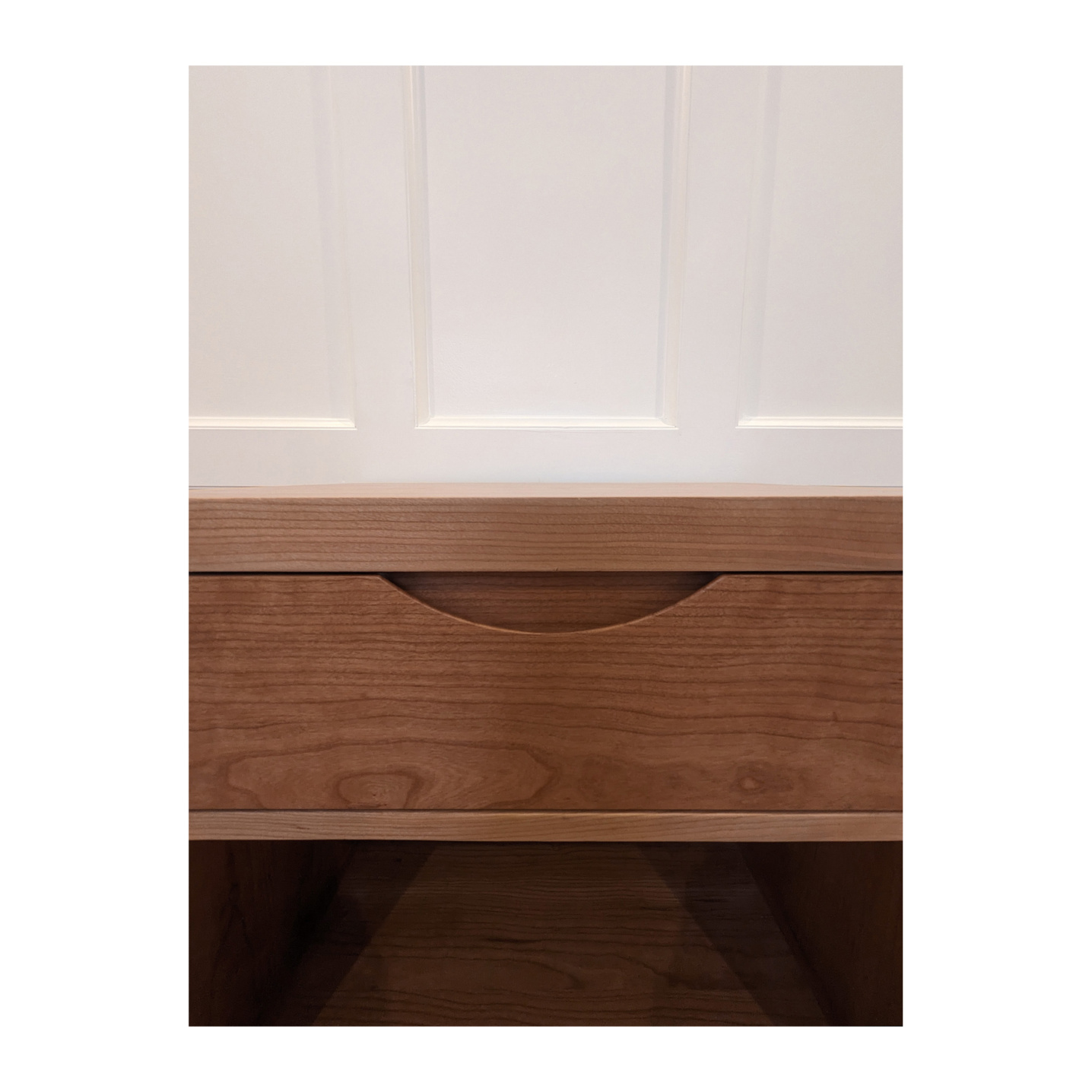 Nightstand handle cut into the solid wood drawer front--Made by 57NorthPlank Tailored Modern Furniture