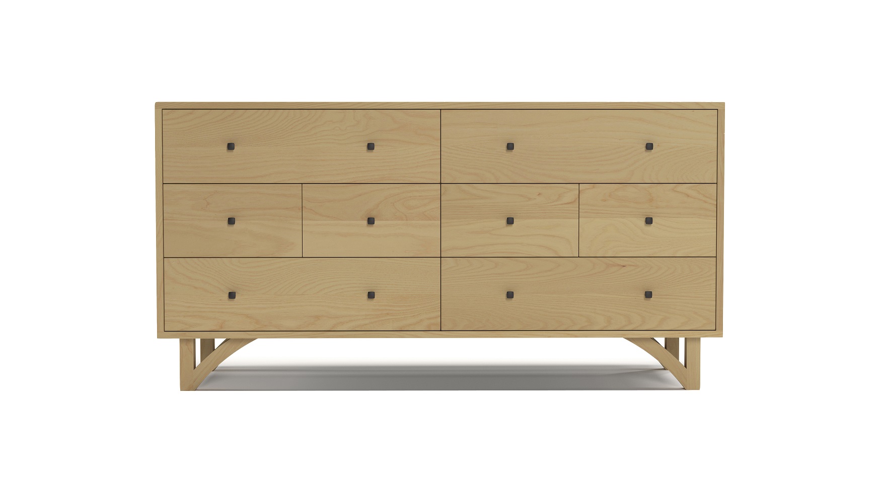 Solid ash modern 60" eight drawer dresser with custom hand cut legs