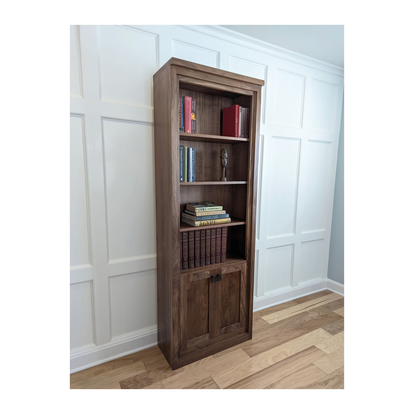 Fine furniture bookcase with doors constructed in solid walnut wood----Made by 57NorthPlank Tailored Modern Furniture