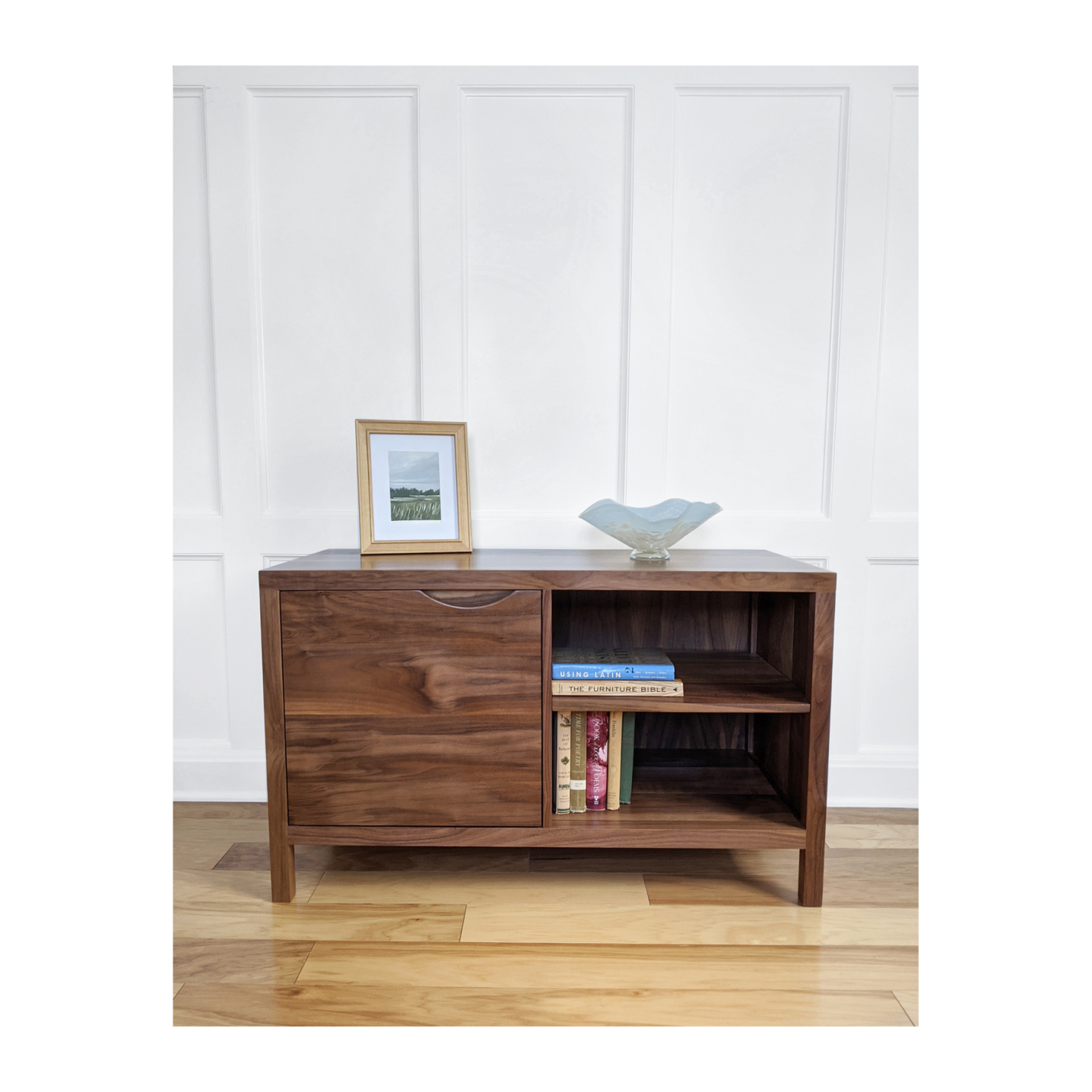 Solid walnut small media console with one door at 42 inches