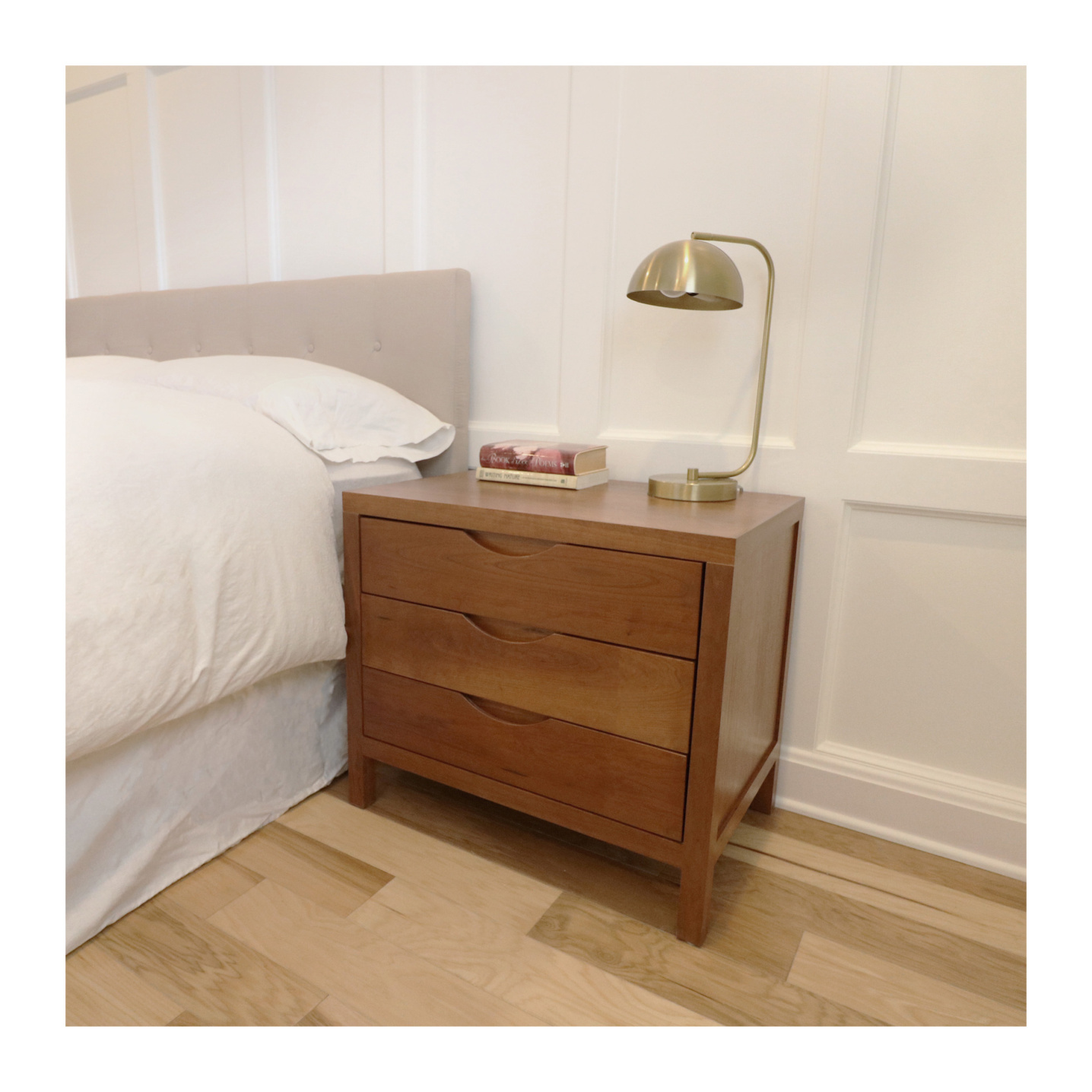 Three drawer nightstand in cherry wood--Made by 57NorthPlank Tailored Modern Furniture