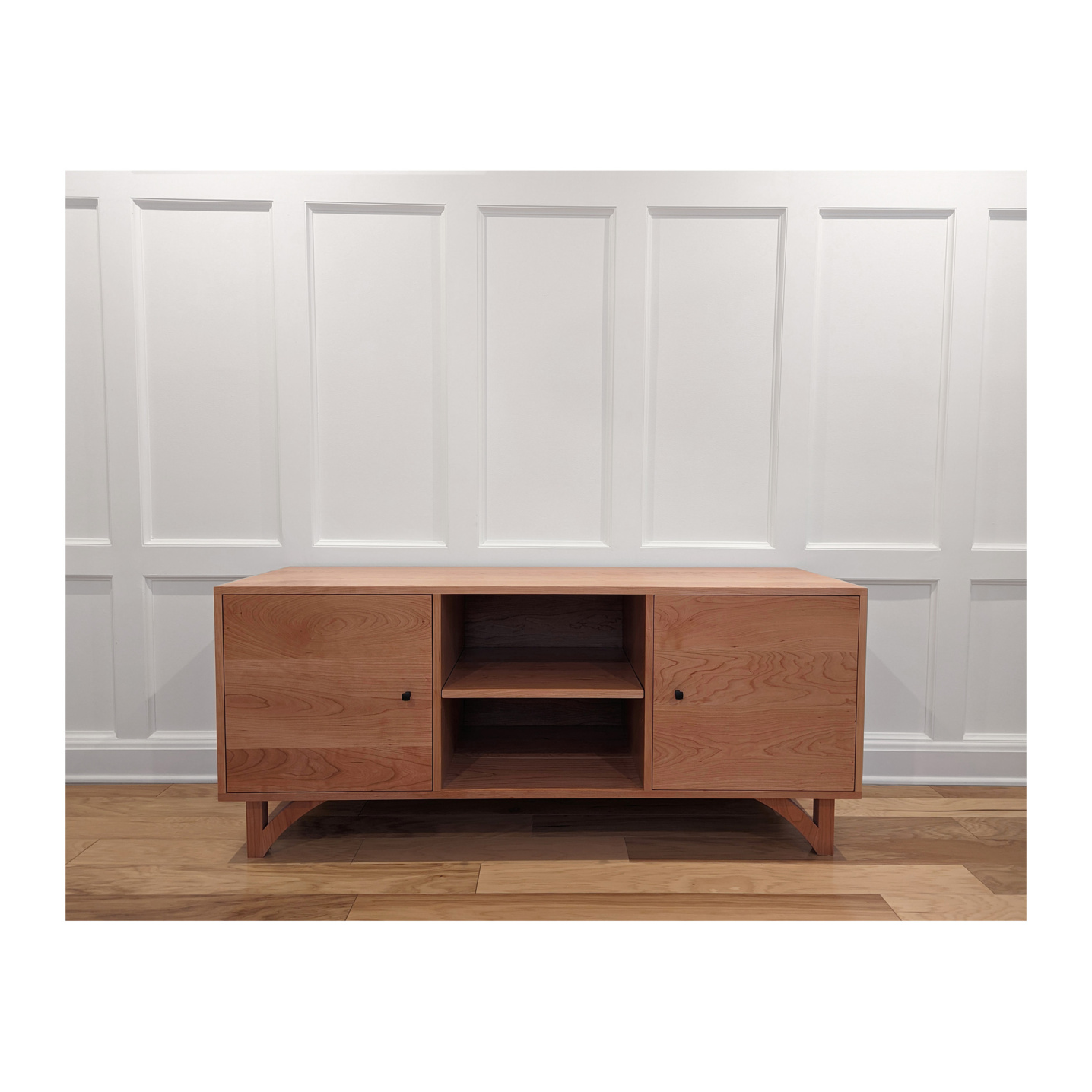 Solid cherry tv stand with two doors and self-closing hinges--Made by 57NorthPlank Tailored Modern Furniture
