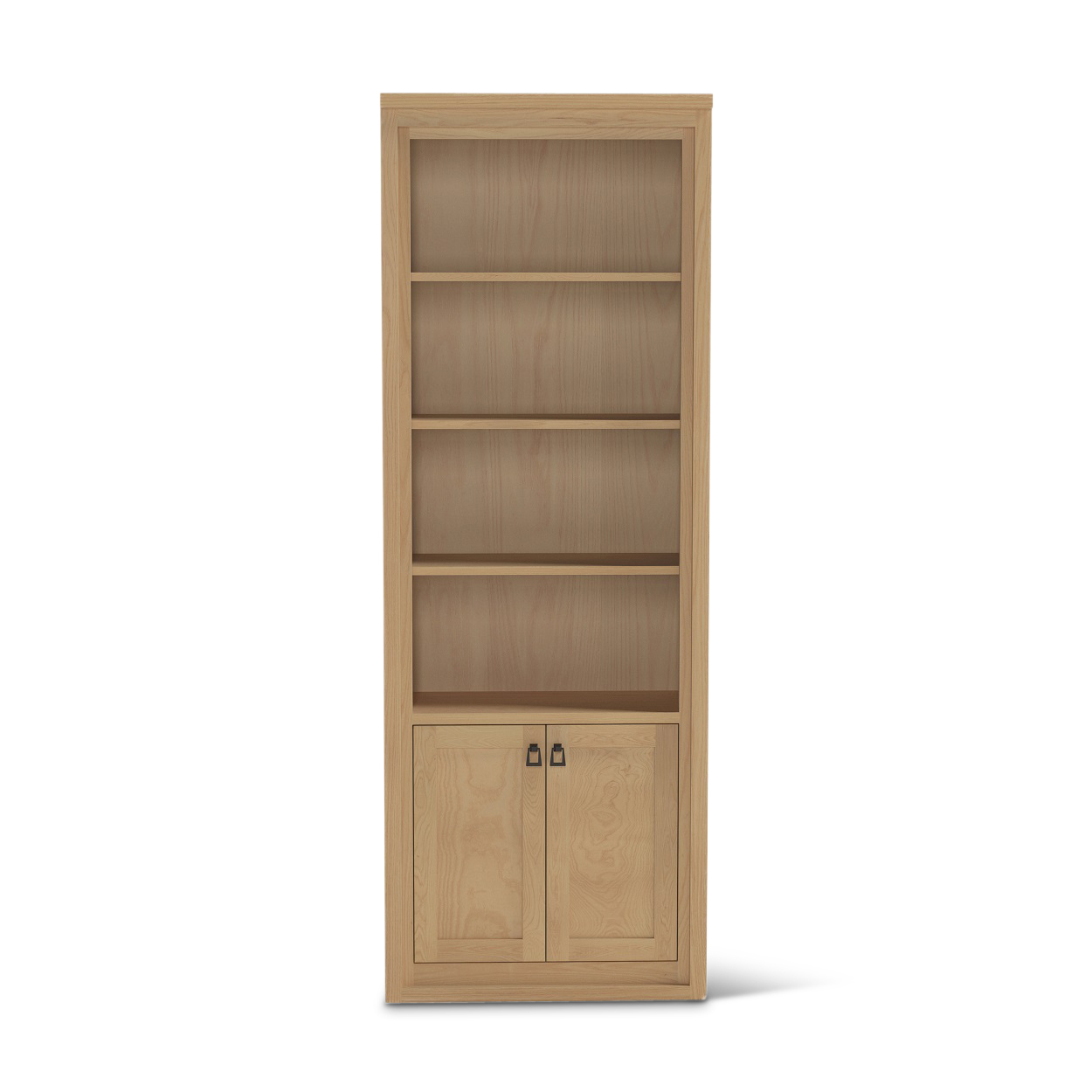 Tall bookshelf with solid wood trim and a bookcase with two doors